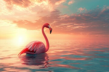 Naklejka premium A Pink Flamingo Standing in the Ocean at Sunset