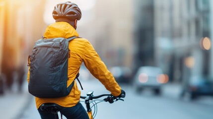 Man riding a bicycle with a backpack in the city.