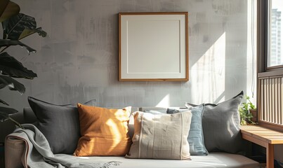 Modern living room with sunlight illuminating a blank wooden frame on a textured concrete wall above a cozy sofa