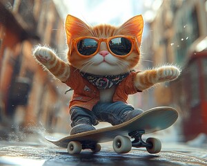 Chat roux en lunettes de soleil faisant du skateboard en ville