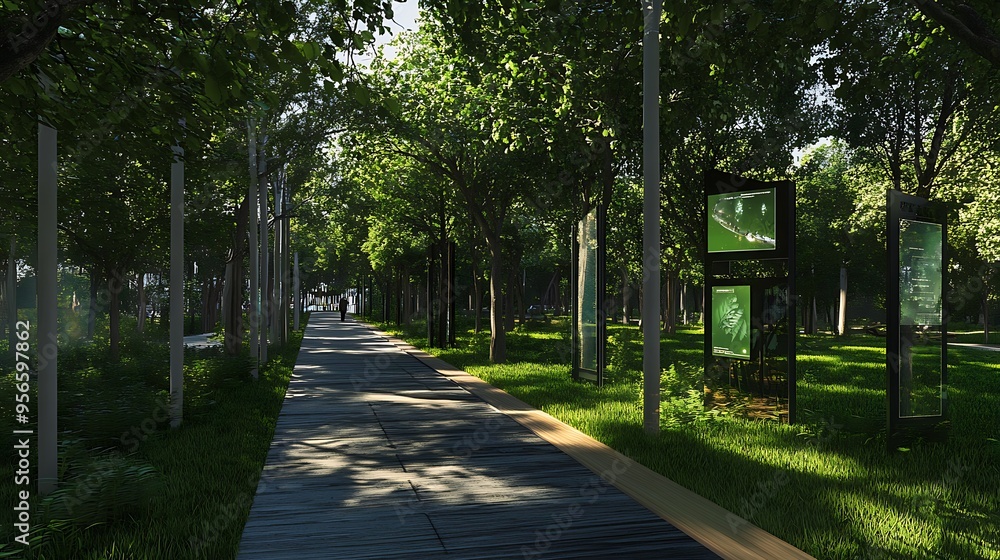 Poster urban park featuring high-tech interactive spaces and futuristic design elements.