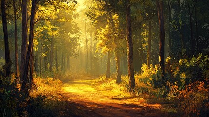 A sunlit path winds through a dense forest, dappled sunlight illuminates the path and surrounding trees.