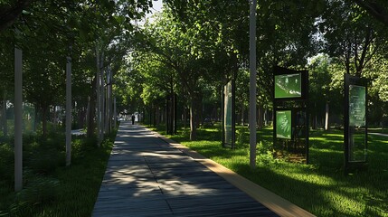 Obraz premium Urban park featuring high-tech interactive spaces and futuristic design elements.