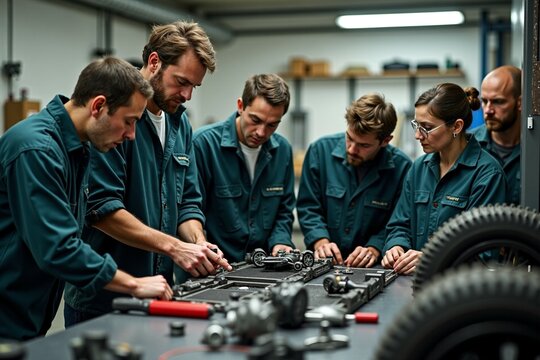 Group of people repairing or customizing a motorcycle, with tools and parts scattered around