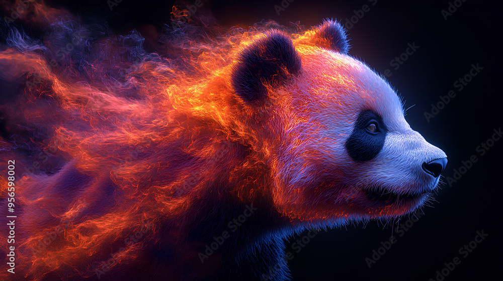 Poster panda, the head of a panda in a multi-colored flame. Abstract multicolored profile portrait of a panda head on a black background