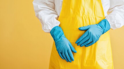 Person wearing a yellow apron and blue gloves.