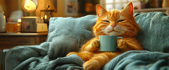 Chat roux relaxant sur un canapé avec une tasse de thé