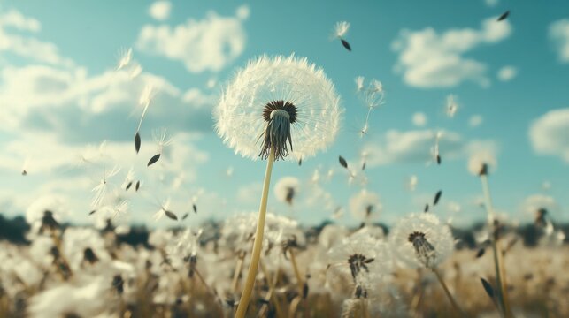 Dandelion Seeds Blowing in the Wind: A Field of White Fluff