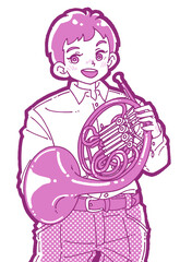 ホルンを持った笑顔の男の子のイラスト