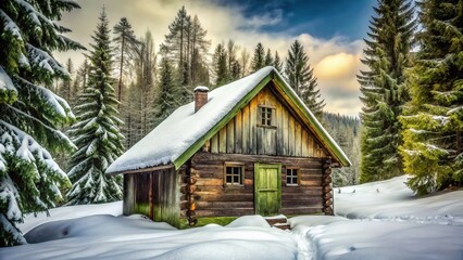 A rustic cabin settles among snow-covered silence, its wooden exterior weathered to a soft moss-green hue, smooth from time and elements.
