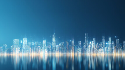 Fototapeta premium Cityscape, buildings and architecture, sci-fi concept. Abstract sci-fi futuristic neon blue city landscape background with copy space. Blue neon lines like building and skyscrapers silhouettes