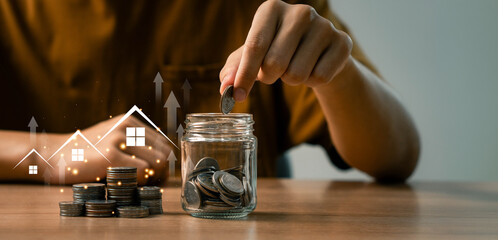 Manage your money and savings plan to buy the best home. The concept of purchasing a house and saving money, mortgage finance investment and home loan refinancing,home loan finance plan