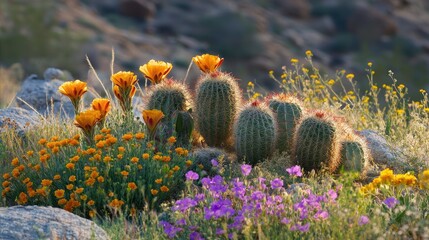 Cacti growing amidst a field of wildflowers in the desert, showcasing the contrast between the rugged, spiky plants and the delicate, colorful blooms