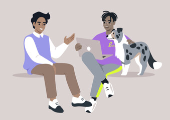 Students engaging in lively conversation while seated with a friendly dog, enjoying a relaxed afternoon in a cozy study space