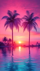 Obraz premium A vibrant sunset over water, framed by palm trees, creating a serene and tropical atmosphere filled with vivid colors.