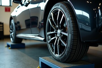 A close-up view of a car being lifted by machinery, ideal for automotive or repair-related use