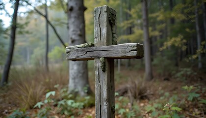 Wooden cross in the forest, peaceful environment.