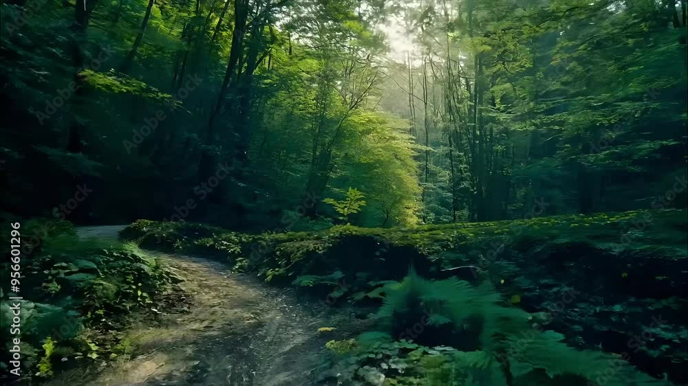 Poster a serene forest path winds through lush greenery with dappled sunlight filtering through tree leaves