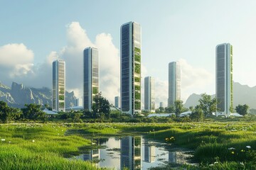 Naklejka premium Futuristic Eco-City with Tall Buildings and Lush Green Spaces