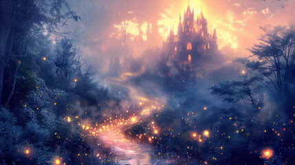 Naklejka premium Enchanted castle at sunrise with glowing fireflies in a mystical forest