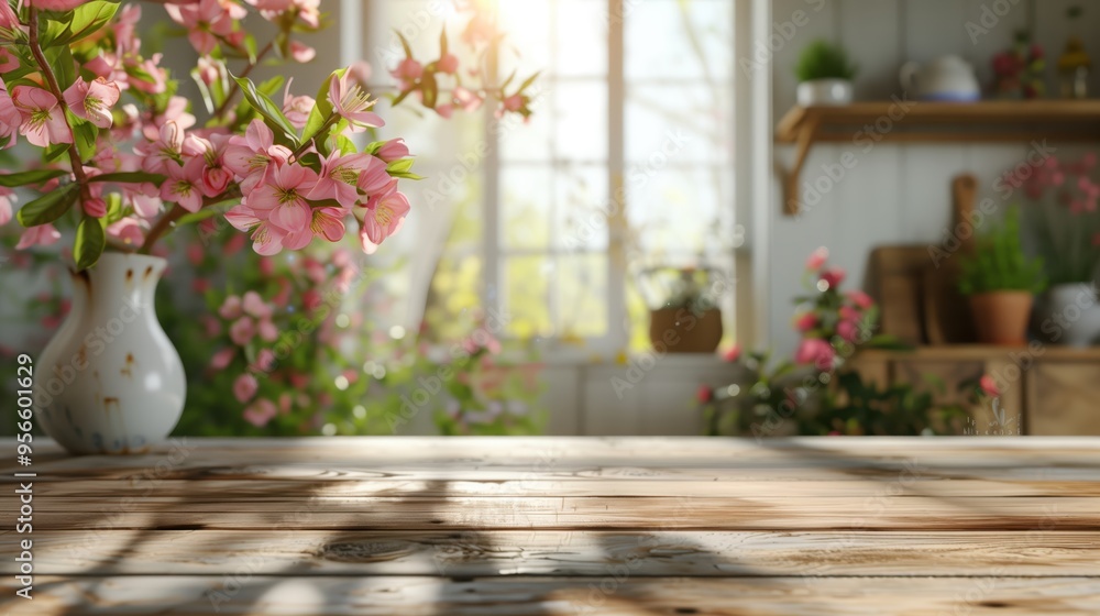 Wall mural Sunlit wooden table with pink flowers in a blurry kitchen background, ideal for showcasing products