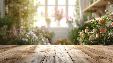 Sunlit flower shop background with products on an empty wooden table