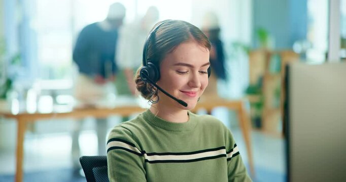 Business woman, agent and call center with headphones on computer for customer service at office. Female person, employee or consultant with headset for online advice or telemarketing at workplace