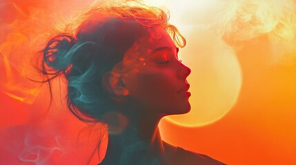 Woman's Profile with Abstract Background of Orange and Teal