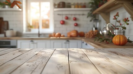 Fototapeta premium Autumn kitchen background with pumpkins and a sunlit wooden table for product display montage