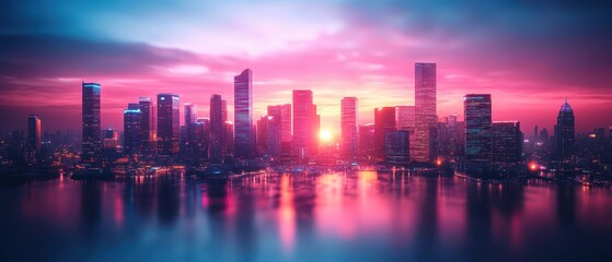 Fototapeta premium Stunning city skyline at sunset, reflecting vibrant colors on the water for a breathtaking urban landscape.