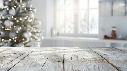 Sunlit christmas tree background behind an empty wooden table top