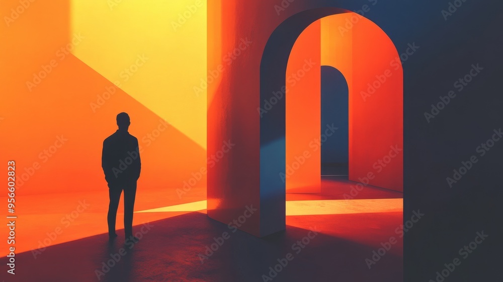 Wall mural A Silhouette of a Man Standing in a Red and Yellow Room with Arched Doorways