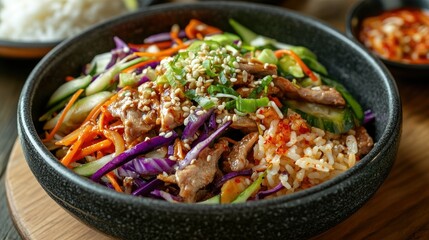 Fresh and colorful vegetable salad in a Korean-inspired dressing, served as a side dish alongside a main plate of spicy stir-fried pork and steamed rice