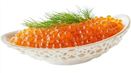 Fresh pike caviar garnished with dill in an elegant gravy boat, isolated on a white background, highlighting the rich texture and vibrant colors of the delicacy