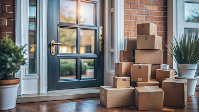 Pile of delivered packages at front door in warm sunlight 