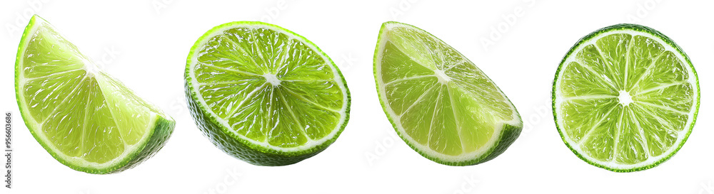 Poster a ripe slice of green lime citrus fruit with a clipped path is isolated on a white background