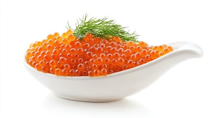 Gourmet pike caviar in a classic gravy boat, garnished with dill and isolated on a white background, highlighting the delicacy and premium quality