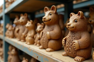 A shelf filled with various wooden animal figurines