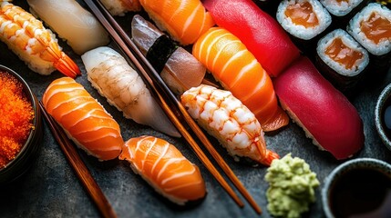 Gourmet sushi platter with a variety of raw fish nigiri and sashimi, displayed with vibrant colors and textures, surrounded by small dipping bowls and chopsticks