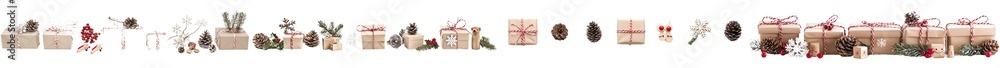 Poster the christmas border is isolated on a white background with branches and rustic brown and white gift