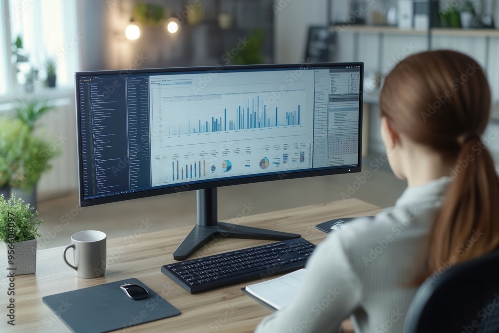 Poster an expert is deeply engaged in analyzing data on a large monitor, with a tidy desk featuring a keybo