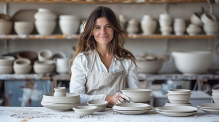Woman potter happily sits at her workbench in her pottery studio, surrounded by her handcrafted ceramic dishware