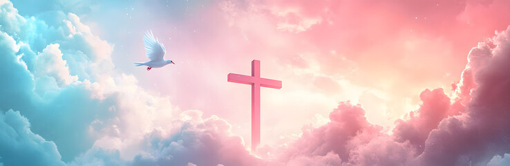 “The Cross and Dove Flying in the Sky with Pastel-Colored Clouds, Symbolizing Peace, Faith, and Spiritual Connection in a Serene, Inspirational Scene” 