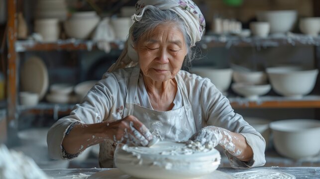 Craftswoman working on pottery in a workshop, displaying her own handcrafted ceramic pieces