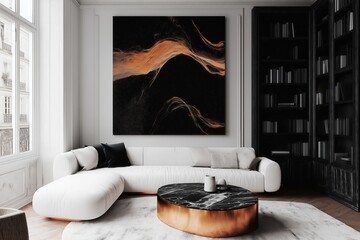 Elegant living room with modern abstract art and stylish furnishings in a sophisticated interior space