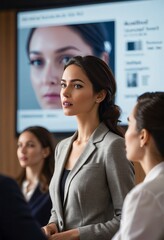 A woman leading a business meeting, emphasizing leadership and effective communication in a professional environment.
