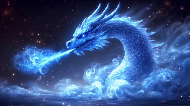 Playful cartoon dragon spitting blue flames, isolated on a white background
