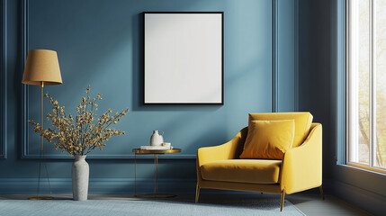 Photo mockup of a modern living room with a blank poster frame on the wall, blue walls, and a golden yellow armchair.