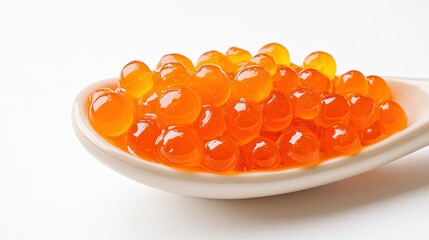 Salmon roe delicately placed on a ceramic spoon, highlighting the bright orange color and translucent texture, set against a white background for contrast