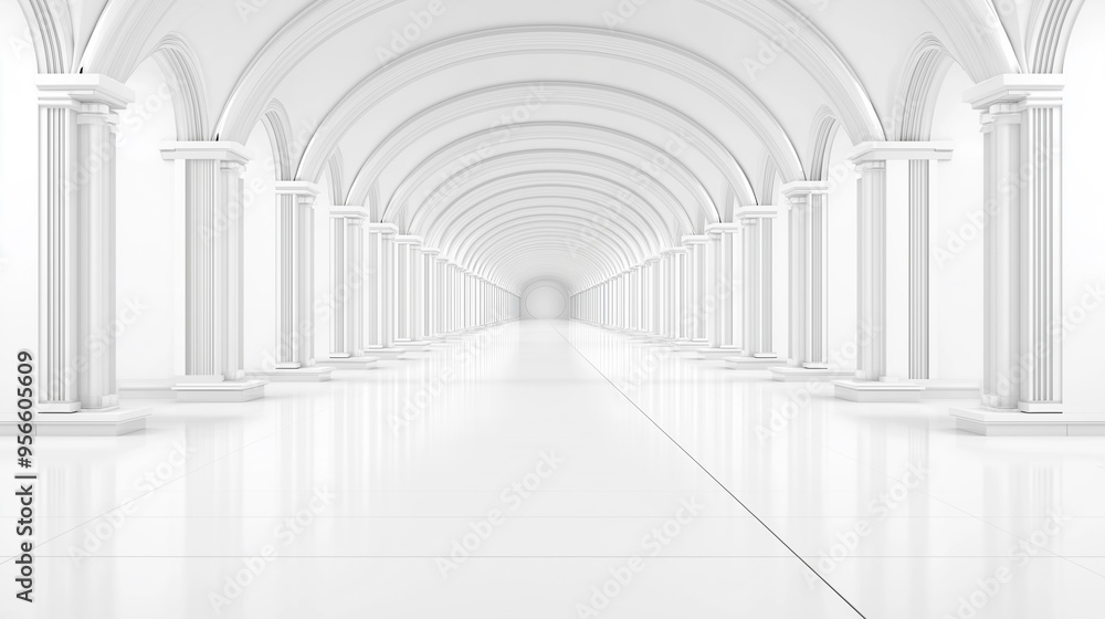 Poster empty long light corridor. modern white background. futuristic sci-fi triangle tunnel. 3d rendering